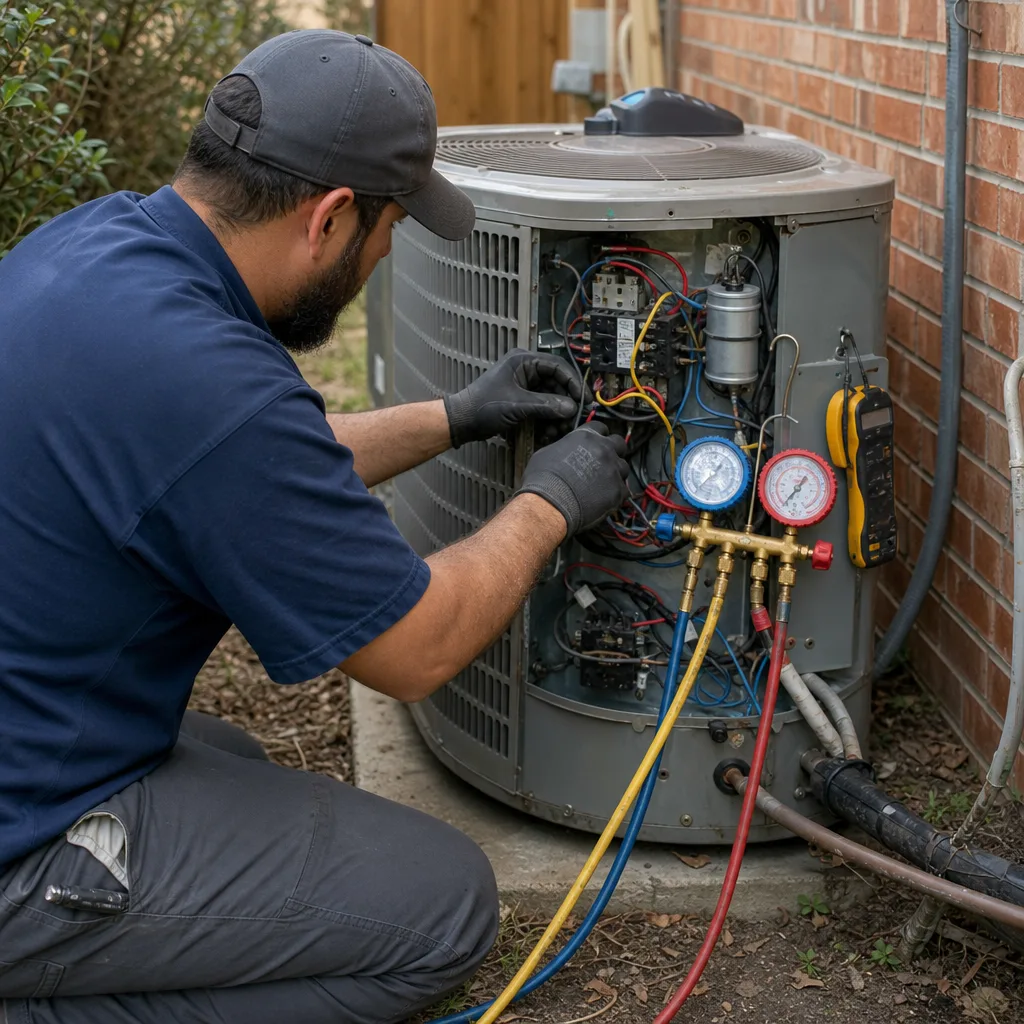 HVAC technician performing professional AC maintenance on an outdoor condenser unit