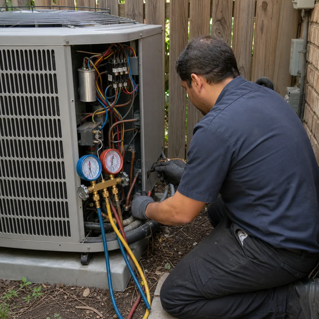 HVAC technician performing professional air conditioning maintenance on an outdoor unit