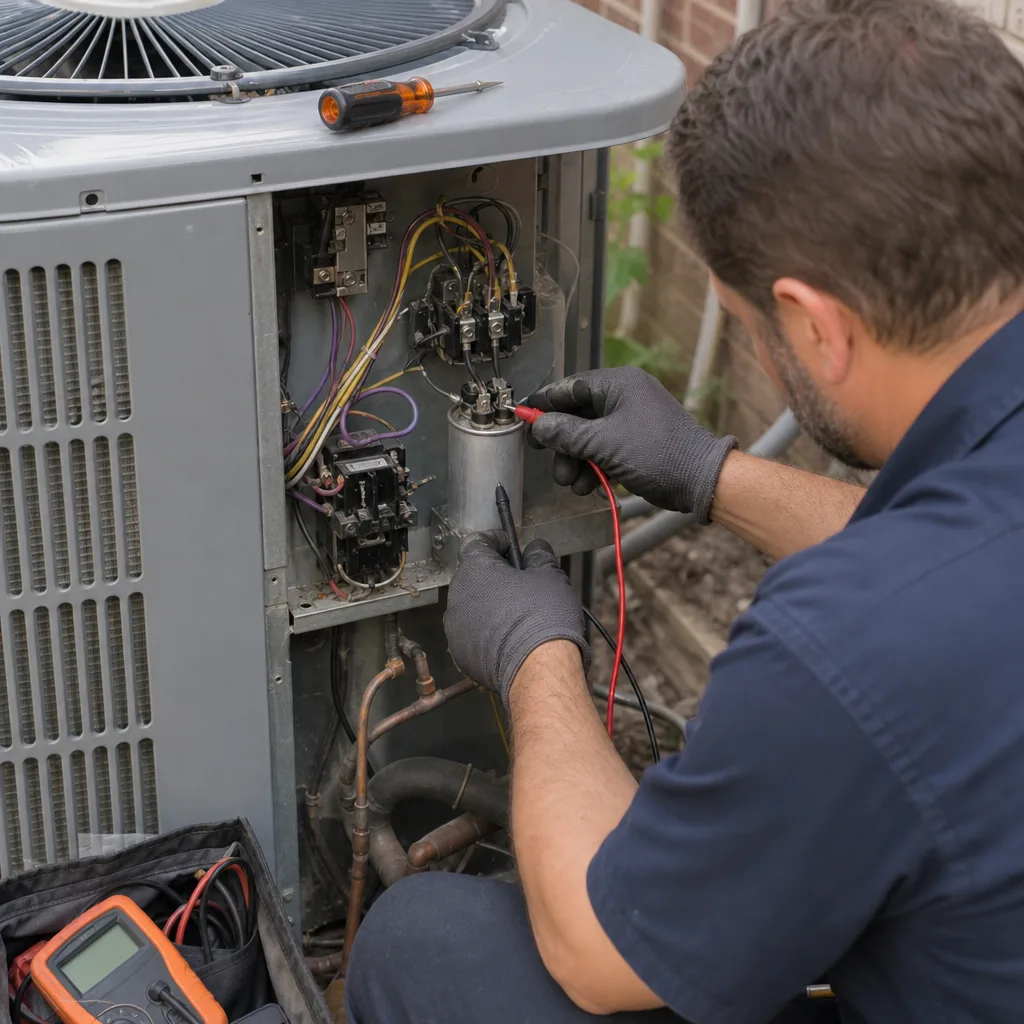 HVAC technician testing an air conditioner capacitor with a multimeter