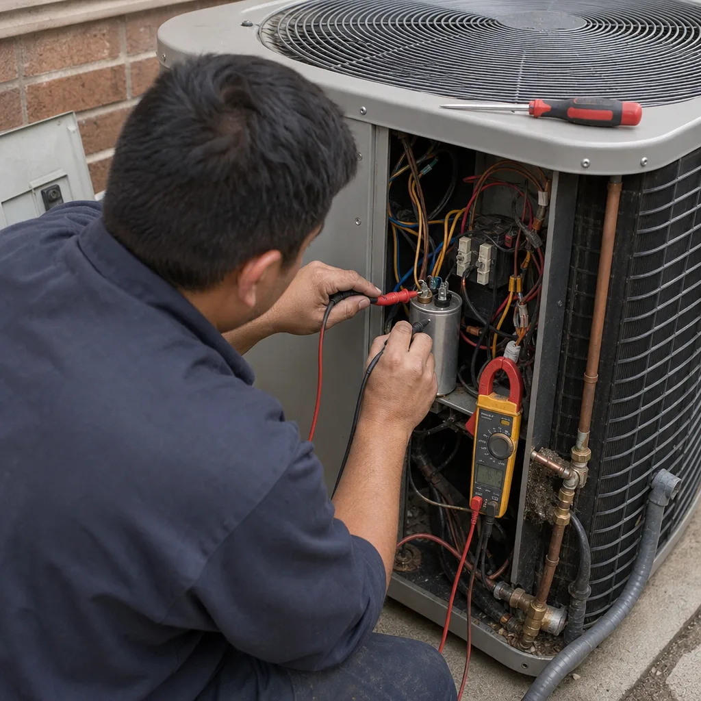 HVAC technician testing an air conditioning capacitor with a digital multimeter