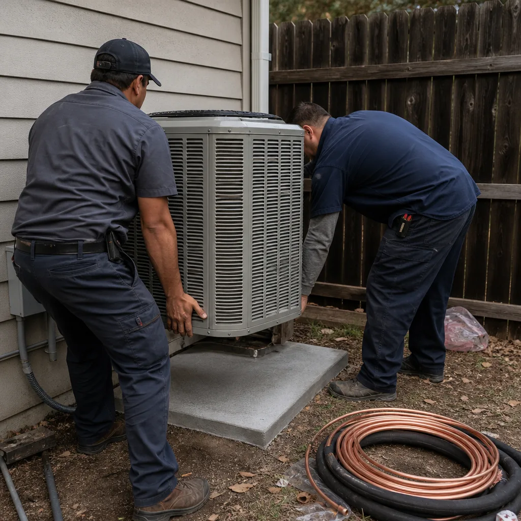 Two professional HVAC technicians installing an outdoor air conditioning unit