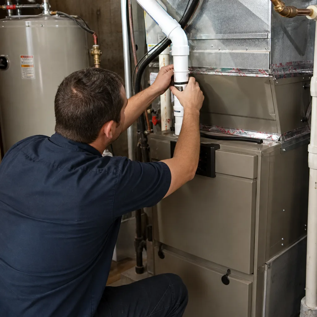 HVAC technician performing professional furnace repair and maintenance on home heating equipment